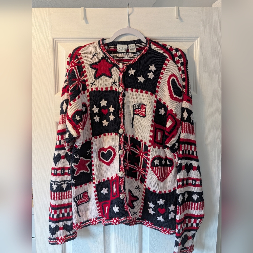 Vintage Americana Red White & Blue Cardigan Sweater Size L